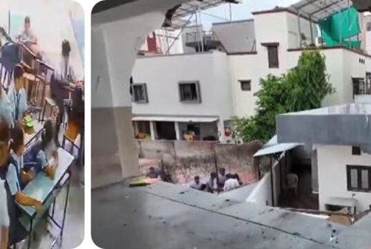 वडोदऱ्यात शाळेतील भिंत कोसळली: जेवणाच्या सुटीत विद्यार्थ्यांनी घेतली धाव, एक विद्यार्थी जखमी